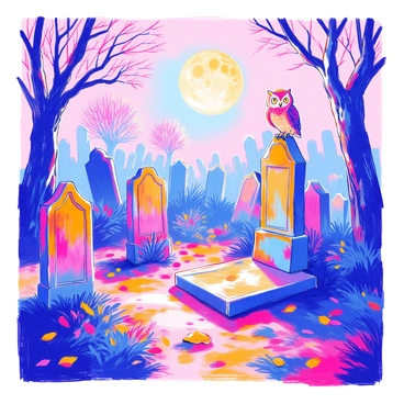 A fog-covered graveyard is filled with crooked tombstones of various shapes and sizes, some leaning at odd angles. The ground is uneven and scattered with fallen leaves. In the background, a large, full moon casts a pale light through the thick fog. An owl perches atop one of the tombstones, its eyes wide and alert, capturing the stillness of the night as it hoots softly. Shadows dance around the graveyard, adding to the eerie atmosphere of the scene.