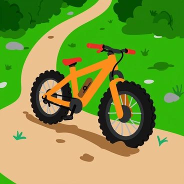A rugged mountain bike with thick, muddy tires is parked next to a winding, muddy trail. The bike features a sturdy frame with vibrant colors, and its wheels are splattered with droplets of brown mud. The trail is surrounded by lush green foliage, with patches of dirt and mud visible along the path. Sunlight filters through the trees, casting dappled shadows on the ground. Tiny rocks and scattered twigs are visible near the bike, adding to the outdoor setting.