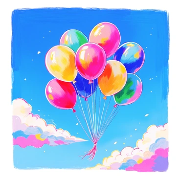 A bunch of vibrant helium balloons in various colors, including red, yellow, green, and blue, are floating upwards. The balloons are tied together with thin strings, slightly swaying in the gentle breeze. Above them, the sky is clear and bright blue, with a few fluffy white clouds scattered in the distance. The sunlight reflects off the balloons, creating a playful glimmer as they ascend into the sky.