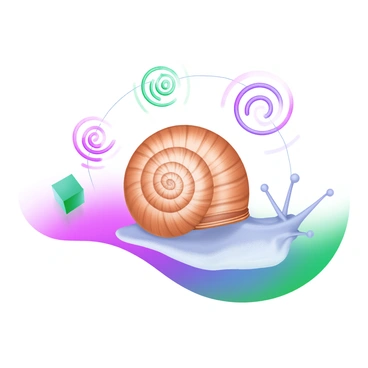 A close-up view of a "snail" moving in a "spiral pattern." The shell of the snail features intricate lines that emphasize the spiral shape, showcasing the concept of recursion. Surrounding the snail, several smaller spiral shapes radiate outward, creating a visual representation of repetition and growth. The background is a soft pastel color that complements the snail's natural hues.