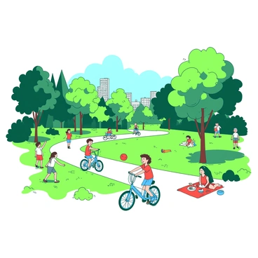 A white city park is filled with lush green grass and vibrant trees. Several children are playing a game of catch with a red ball in the center of the park. Nearby, other children are joyfully riding blue bicycles along a winding path. Off to the side, a small group of kids is sitting on a red blanket, enjoying snacks. In the background, there are families walking and enjoying the sunny day, creating a lively atmosphere in the park.
