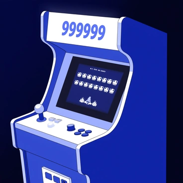 An arcade machine is standing in a dimly lit room. The screen of the machine is illuminated, displaying a high score prominently at the top. The score reads "999999" in large, bold characters. Below the score, the screen shows rows of pixelated alien invaders, with some explosions depicted in the gameplay area. Retro controls are visible on the front of the machine, featuring a joystick and several buttons, with worn labels. The machine itself has a glossy finish, reflecting the light from the screen.