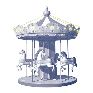A vintage carousel with ornate horses, each adorned with detailed carvings and colorful saddles, is positioned in the center of the image. The horses are in various poses, some rearing up and others gracefully galloping. The carousel structure features intricate woodwork and decorative elements, enhancing its vintage charm. Above the carousel, numerous fairy lights are strung, creating a warm, inviting atmosphere as they twinkle softly against the evening sky. The ground beneath the carousel is composed of patterned tiles, adding to the nostalgic feel of the scene.