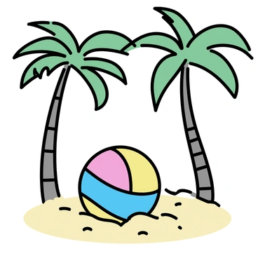 A vibrant beach ball featuring a pattern of bright red, blue, yellow, and green stripes is positioned on the soft, sandy ground. It is resting under the shade of tall, swaying palm trees, which have curved trunks and lush green fronds. The sunlight filters through the leaves, creating dappled patterns of light and shadow on the sand surrounding the beach ball.