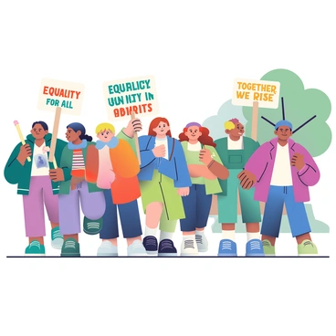 A diverse group of people of all ages is participating in a march, walking together in a line. Children, teenagers, adults, and elderly individuals are all present. They are holding colorful signs with messages that read "Equality for All," "Unity in Diversity," and "Together We Rise." The crowd is displaying a wide range of clothing styles, from casual to formal, showcasing their individuality. Some individuals are smiling, while others are focused on the messages of their signs. The atmosphere conveys a sense of community and purpose as they walk along a tree-lined street.