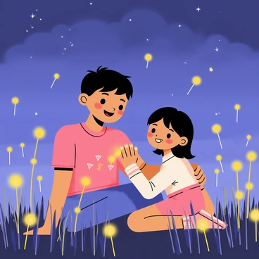 A poignant scene from Grave of the Fireflies, depicting siblings sharing a moment among fireflies at twilight.