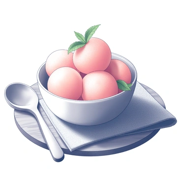 A bowl filled with pink grapefruit sorbet is centered on a wooden table. The sorbet has a smooth, textured surface, and small mint leaves are delicately placed on top, adding a fresh touch. The rustic setting includes a textured cloth under the bowl and soft natural light illuminating the scene. Wooden utensils are positioned beside the bowl, enhancing the homey atmosphere.