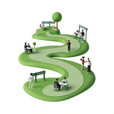A winding path through a lush green landscape, showcasing different stages of career growth and development. On one side, there is a small hill with a sign marked "Education," featuring a person studying under a tree. Further along the path, there is a section labeled "Entry Level," depicting a young professional at a desk with a computer, surrounded by office supplies. Next, a sign reading "Skill Development" shows an individual engaging in a training session with a mentor. Continuing along the path, there's an area titled "Promotion," where a person receives a certificate and a handshake from a supervisor, celebrating an achievement. Finally, the path leads to a destination sign that says "Leadership," featuring a confident individual addressing a team in a meeting room, emphasizing the culmination of a successful career journey.