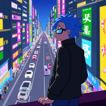 An anime character with spiky blue hair stands on a rooftop, gazing out over a bustling city filled with neon lights. The cityscape is densely packed with tall buildings, each displaying vibrant signs in various colors, such as pink, green, and yellow. The character wears a black leather jacket and has a futuristic visor over their eyes. Below, streets are crowded with people and vehicles, and the glow from the neon signs casts a colorful light over the scene. The character's expression is focused, capturing the energy of the city below.