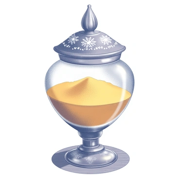 An ornate glass jar with intricate designs and embellishments. The jar has a round body with a narrow neck, topped with a tightly fitting lid. Inside the jar, there is a generous amount of bright yellow turmeric powder, which fills the jar to just below the rim. The jar is placed on a wooden surface, and soft light highlights the glass, casting delicate reflections and shadows. The texture of the turmeric powder is visible, appearing fine and velvety against the smooth glass.