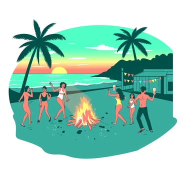 A lively beach party in Goa with people dancing around a bonfire