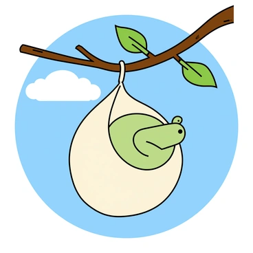 A small silkworm with a pale green body is snugly curled inside a delicate, pearly white cocoon. The cocoon is suspended from a slender, brown tree branch that is textured with rough bark. Surrounding the branch are a few fresh green leaves, gently swaying as if stirred by a soft breeze. The background features a bright blue sky with fluffy white clouds, creating a cheerful atmosphere. The scene conveys a sense of harmony in nature, highlighting the intricate details of the cocoon and the silkworm inside.
