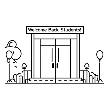 A school entrance with large double doors, flanked by decorative columns. Brightly colored balloons in various shapes and sizes are tied to railing posts and scattered around the entrance. Above the doors, there is a large banner displaying the text "Welcome Back Students!" in bold, clear letters. The ground is paved with tiles, and there are flower beds on either side of the entrance, adding to the welcoming atmosphere.
