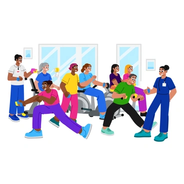 A group of six patients in a cardiac rehabilitation class is participating in light exercise. Each patient is using a different piece of exercise equipment, such as dumbbells, resistance bands, and stationary bikes. They are wearing comfortable athletic clothing in various colors, showcasing a range of patterns and styles. A nurse is supervising the session, standing nearby and offering encouragement. The nurse is dressed in scrubs and smiling, demonstrating a supportive demeanor. The environment is bright and well-lit, with windows allowing natural light to enter, creating a lively and inviting atmosphere.