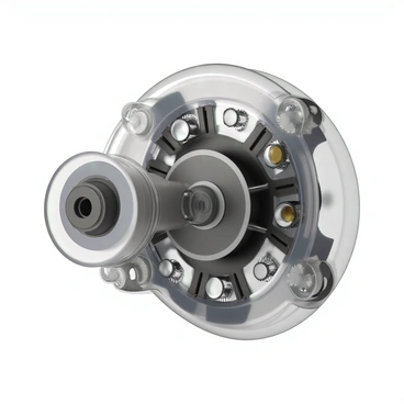 A cutaway view of an AC motor, revealing its internal workings in detail. The rotor is prominently featured in the center, showcasing its rotation mechanism with visible winding coils. Surrounding the rotor, the stator is visible with distinct magnetic poles, and the housing is transparent to expose these components. Various gears and bearings are illustrated, highlighting their interaction with the rotating parts. Electrical connections are shown, providing clarity on how power flows through the motor. The entire scene is well-lit to emphasize the intricate engineering and design of the AC motor.