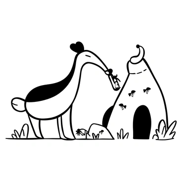 An anteater with a long snout is positioned in front of an anthill, extending its long tongue into the mound. Tiny ants can be seen scattered around the anthill, while some are being caught by the anteater's tongue. The scene captures the texture of the anteater's fur and the intricate structure of the anthill, with various levels and small tunnels visible. The ground is uneven, littered with small twigs and dirt clumps, highlighting the anteater's feeding behavior.