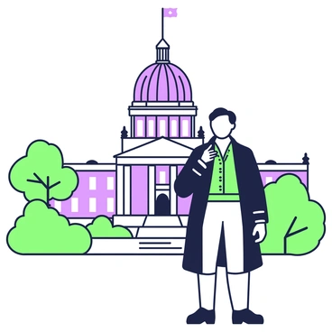 Sam Houston is standing in front of the Texas Capitol building, which is grand and imposing. He is wearing a historical outfit consisting of a dark coat, a white shirt, and trousers. His expression is one of contemplation as he gazes up thoughtfully at the dome of the building. The Capitol is detailed with pillars and statues, enhancing its architectural features. Surrounding him are green trees that frame the scene, and a clear sky provides a backdrop to this moment.