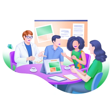 A modern pastel illustration depicting a researcher with short brown hair, wearing glasses and a white lab coat, sitting at a round table with several community members. The researcher is holding a notepad and taking notes as a woman with curly hair, wearing a colorful dress, is speaking animatedly. Two other individuals, a man in a blue shirt and a woman in a green blouse, are listening attentively. Around the table, there are cups of coffee, notebooks, and a laptop open, displaying a local map. In the background, a bulletin board is visible, filled with community flyers and charts.