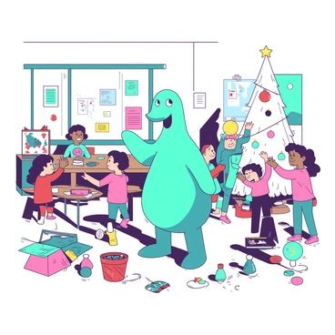 A teal atsem stands in the center of a bright classroom, surrounded by children engaged in decorating with handmade holiday ornaments. The walls are adorned with various colorful decorations, and on the tables are piles of craft supplies, including glitter, paper, and string. Children are happily hanging their ornaments on a tall, white Christmas tree in the corner. Some children are holding up their creations proudly, while others are focused on adding finishing touches to their ornaments. The atmosphere is lively, filled with joy and excitement as they create a festive environment.