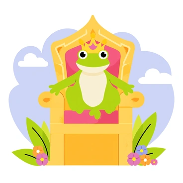 A green frog wearing a small, ornate crown sits majestically on a golden throne. The throne is embellished with intricate designs and has a plush red cushion. The frog has bright, expressive eyes and its posture exudes confidence. Surrounding the throne are lush green leaves and colorful flowers that add to the regal atmosphere. The background features a soft blue sky with fluffy white clouds, creating a serene setting for this royal scene.