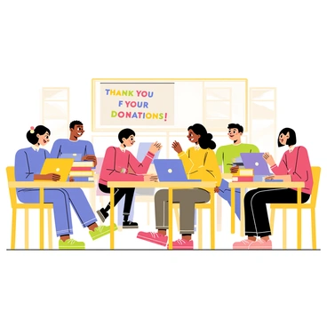 A classroom filled with students sitting at their desks. Each student has a new laptop open in front of them, showcasing colorful screen displays. There are stacks of books with bright covers placed on each desk. The students are engaged and interacting, with some raising their hands to ask questions. A bulletin board at the front of the classroom displays a banner that reads "Thank You for Your Donations!" in colorful letters. The room is bright and inviting, with sunlight streaming through the windows.