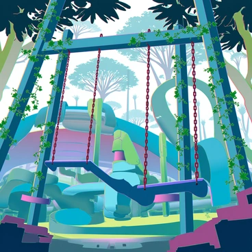 A playground surrounded by dense, lush greenery, where vines and flowers have grown over the structures. The swings, made of weathered wood and rusty chains, are swaying gently in the breeze as if moved by an unseen force. Nearby, slides are partially covered in moss, and a jungle gym is entwined with creeping plants. Sunlight filters through the leaves, casting dappled shadows on the ground. In the background, tall trees encircle the playground, their branches swaying softly in the wind.