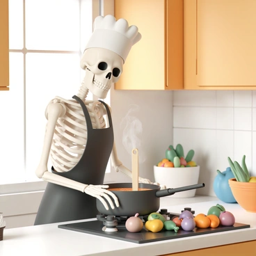 A skeleton wearing a chef's hat cooking a pot of soup in a cozy kitchen.