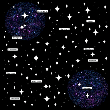 A dark canvas depicting a galaxy filled with numerous stars. Each star is labeled with a different hormone name, clearly written in white text. The stars vary in size and brightness, creating a dynamic scene. Some stars shine brightly, while others are faint and subtle. The background is filled with swirling patterns of deep blue and purple, representing the vastness of space. The labels are positioned near each star, ensuring they are easily visible against the cosmic backdrop.