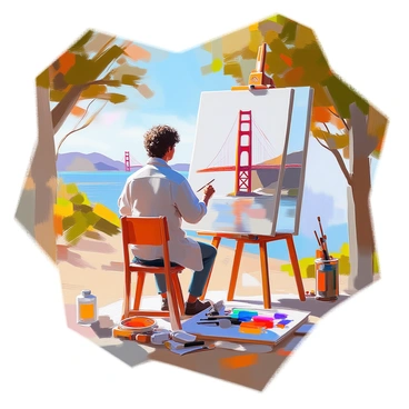 An artist with medium skin and short, curly hair is deeply focused on painting the "Golden Gate Bridge" on a large canvas. The artist is seated on a portable stool, wearing a paint-splattered apron over casual clothing. The scene captures a scenic viewpoint with lush green trees framing the background. The "Golden Gate Bridge" stretches majestically across the bay, its vibrant orange color contrasting with the blue water below. Nearby, tubes of paint and brushes are scattered on the ground beside the artist, adding to the creative atmosphere. A faint mist hovers over the water, enhancing the beauty of the landscape.