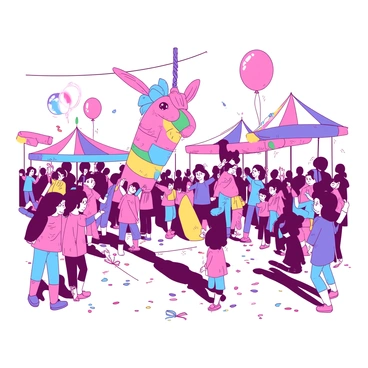 A vibrant carnival scene filled with colorful decorations and lively attractions. In the center, there is a large piñata shaped like a colorful donkey, hanging from a sturdy rope. The piñata is adorned with bright tissue paper in various colors, creating a cheerful appearance. Surrounding the piñata, a crowd of excited children is gathered, some holding colorful sticks, ready to take turns hitting the piñata. Balloons in shades of pink and blue float in the background, adding to the festive atmosphere. The ground is sprinkled with confetti and colorful streamers, enhancing the celebratory vibe of the carnival.