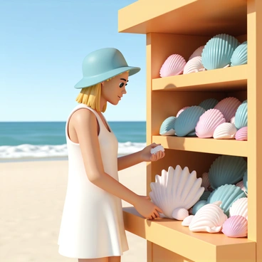A consumer, wearing a light blue sunhat and a white sundress, is standing at a beachside stall. The stall is adorned with various colorful seashell souvenirs arranged neatly on wooden shelves. Bright sunlight casts a warm glow on the scene, highlighting the textures of the seashells. The consumer is holding a small pink seashell in one hand while examining a larger conch shell with the other. In the background, the sandy beach stretches out with waves gently lapping at the shore, and a clear blue sky overhead.