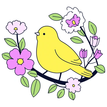 A small finch with bright yellow feathers perched on a branch. The finch has a short beak and a curious expression. Surrounding the bird are various blossoming flowers in shades of pink and white with green leaves. The flowers are illustrated with delicate petals and a few have open blossoms, while others are still in bud form. The background is filled with soft green foliage, enhancing the natural setting.