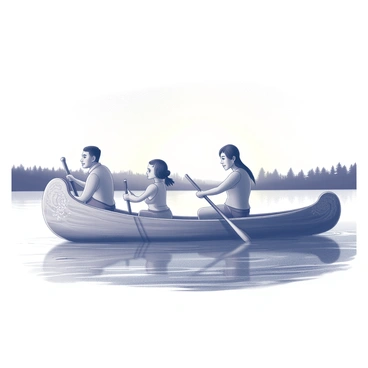 An indigenous family consisting of a father, mother, and two children is paddling in a handmade canoe. The canoe is intricately carved from wood, showcasing craftsmanship with traditional designs along the sides. The lake is calm, with gentle ripples reflecting the soft light of the rising sun. In the foreground, the canoe glides smoothly over the water, while in the background, silhouettes of distant trees line the shore. The sky transitions from dark to light, indicating the early morning hours. The family members are engaged in the act of paddling, with their expressions focused and determined.