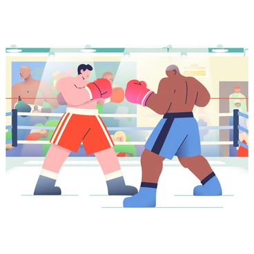 Two boxers sparring in a brightly lit gym, exchanging punches with padded gloves