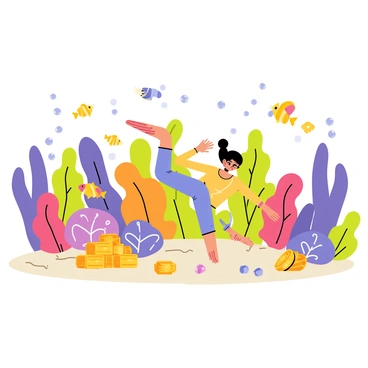 A character with a vibrant underwater suit is swimming through a colorful coral reef. The reef features various shades of purple, orange, and green corals. Numerous tropical fish of different sizes and colors, including yellow and blue striped fish, are darting among the corals. Scattered treasures like shiny gold coins and sparkling jewels are partially buried in the sand at the bottom. The scene includes bubbles rising from the character as they explore, adding to the underwater ambiance.