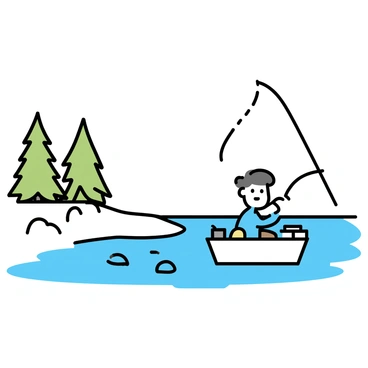 A man named "Mr. Sakamoto" is sitting on a small wooden boat, casting his fishing line into a calm "lake." He is wearing a simple light blue shirt and brown shorts. The water is still, reflecting the clear blue sky above. "Tall green trees" line the edge of the lake, with a few scattered rocks along the shore. A gentle breeze creates small ripples on the surface of the water. In his hand, Mr. Sakamoto holds a fishing pole, and a fishing tackle box is placed beside him on the boat. There are no other people in sight, emphasizing the tranquility of the scene.
