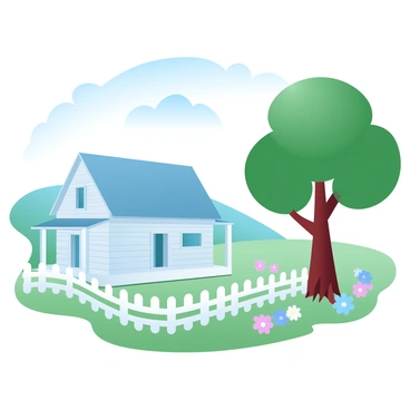 A quaint country farmhouse with a sloping roof and a cozy porch is set in a lush green landscape. The farmhouse features wooden siding painted in a soft pastel color. Surrounding the house are fields of blooming wildflowers in various shades, creating a vibrant tapestry of colors. A white picket fence encircles the property, and a tall tree with a wide canopy stands nearby, providing shade. The sky above is filled with fluffy clouds, adding to the serene atmosphere of the countryside.