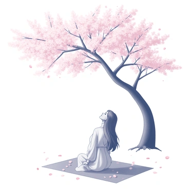 A woman is seated gracefully on a blanket spread on the ground beneath a cherry blossom tree. The tree is adorned with an abundance of delicate pink blossoms, creating a vibrant canopy above. The woman has long flowing hair, and she is wearing a light, airy dress that moves gently with the breeze. She is gazing upward, appreciating the beauty of the flowers, with a serene expression on her face. Surrounding her are petals softly falling from the branches, adding to the tranquil atmosphere of the scene.
