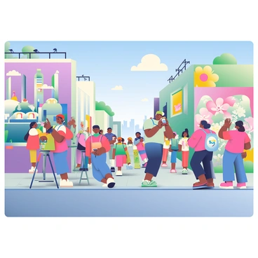 A vibrant street art festival is taking place in an urban setting. Several artists are actively painting large, colorful murals on the sides of buildings. One artist is using a spray can to add a bright blue color to a piece depicting a fantastical cityscape. Another artist is painting a large floral design in shades of pink and green. Surrounding them, a diverse crowd of people is gathered, observing the artists at work with expressions of fascination. Some individuals are taking photos with their smartphones, while others are engaged in discussions about the artwork. Stalls featuring art supplies and refreshments are set up along the street, adding to the lively atmosphere. The sky above is clear and blue, contributing to the cheerful feel of the festival.