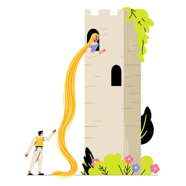 Rapunzel with long, flowing golden hair leans out of a tall stone tower's window, her hair cascading down the side like a shimmering waterfall. The prince stands below, gazing up at her with a look of longing and excitement. The tower is surrounded by lush green trees and colorful flowers, creating a vibrant atmosphere. A soft breeze causes Rapunzel's hair to sway gently. The prince is dressed in a simple yet elegant tunic, reaching out towards her with an outstretched hand, as if to grasp her hair. The scene captures a moment of intimacy and secrecy between the two characters.