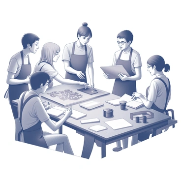 A group of students gathered around a work table in an art class. They are focused on the printmaking process, with one student holding a metal plate while another applies ink using a roller. Various tools and materials are scattered across the table, including ink containers, brushes, and additional plates. The students are dressed in aprons, and some are taking notes in sketchbooks. The environment is filled with art supplies, emphasizing the creative atmosphere of the classroom.