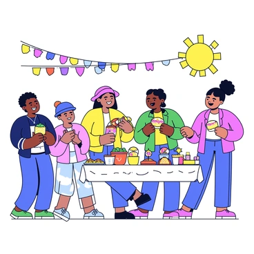 Community members gathered in a lively outdoor setting, surrounded by colorful decorations. They are smiling and engaging with one another while exchanging various handmade crafts, including woven baskets and painted items. Tables are adorned with an array of delightful treats, such as cookies and fruit skewers, showcasing vibrant colors and textures. Children can be seen playing nearby, adding to the festive atmosphere. The sun shines brightly overhead, casting warm light across the scene.