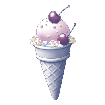 A detailed ice cream cone features a crisp, textured wafer cone with a rounded scoop of "cherry ice cream" on top. The ice cream is decorated with a "generous amount of cherries," which are glistening and have visible stems. Surrounding the cherries are "colorful sprinkles" that add an element of texture and decoration to the dessert. The scene captures the delightful combination of elements, emphasizing the inviting aspects of this ice cream treat.