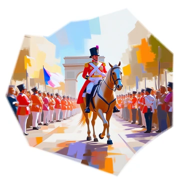 A grand parade taking place in a vibrant Parisian setting, with "Napoleon Bonaparte" at the forefront, mounted on a regal horse. He is wearing an elaborate military uniform adorned with medals and epaulettes, exuding confidence and authority. Behind him, a diverse group of soldiers marches proudly, holding banners and flags. The streets are lined with enthusiastic crowds, who are cheering and waving handkerchiefs, adding to the festive atmosphere. Iconic Parisian architecture, including the "Arc de Triomphe," is visible in the background, enhancing the scene of celebration and triumph. The sun casts a warm glow over the event, illuminating the details of the uniforms and the expressions of the onlookers.