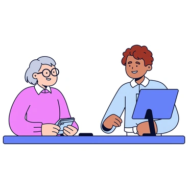 A bank teller with short brown hair and wearing a light blue uniform. The teller has a friendly expression and is smiling warmly. In front of the teller is an elderly customer with gray hair, wearing glasses, and a cozy sweater. The customer is looking attentively at the teller while holding a small bank booklet. The scene is set at a bank counter, with a computer and some brochures visible in the background.