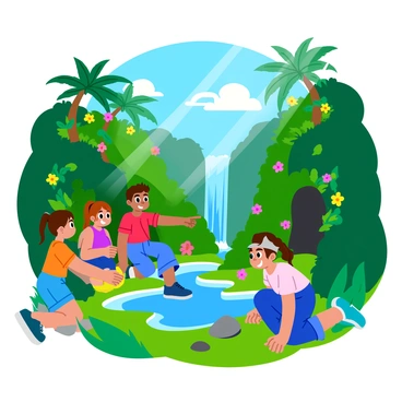 A group of children exploring a vibrant, green island filled with lush vegetation. They are peering into a hidden cave entrance adorned with colorful vines and flowers. In the background, a sparkling waterfall cascades down the rocks, creating a mist that surrounds the area. Sunlight streams through the trees, illuminating the scene with bright colors. Each child displays a look of wonder and excitement as they take in the mysterious surroundings. One child points towards a shimmering pool of water at the cave’s entrance, while another kneels down to pick up a shiny, smooth stone.