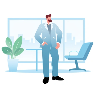 A professional in a sleek suit is standing confidently in a modern office environment. The suit is sharply tailored, featuring a fitted jacket and matching trousers. The office has large windows with a view of a city skyline, allowing natural light to fill the space. There are minimalist furniture pieces, including a glass desk and a stylish chair, arranged thoughtfully in the background. A large potted plant is positioned near the window, adding a touch of greenery to the scene. The overall atmosphere suggests a contemporary and sophisticated workspace.