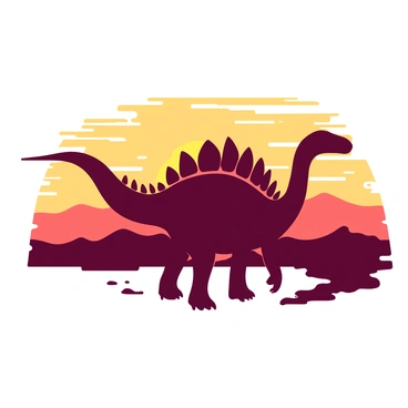 A large stegosaurus stands proudly, silhouetted against a vibrant horizon where the sun is setting. The dinosaur has a row of distinctive plates along its back and a long tail with spikes at the end. The sun casts a warm glow, filling the sky with shades of orange and yellow, contrasting with the dark outline of the stegosaurus. The landscape around the stegosaurus is a flat terrain with a few gently rolling hills that fade into the distance.