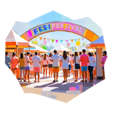 A scene depicting concertgoers registering at the entrance of a lively music festival. The area is bustling with energy, featuring a large archway adorned with colorful banners displaying the festival name. Several attendees, dressed in casual summer clothing, stand in line with excitement on their faces. Some are holding tickets and others are showing their mobile devices for check-in. Brightly colored tents and stalls are visible in the background, alongside an array of festival decorations. The atmosphere is filled with anticipation as people chat and laugh while waiting to enter.