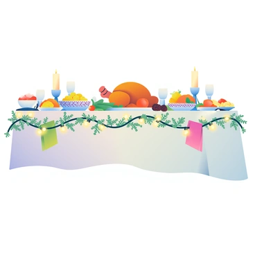 A festive holiday dinner table is beautifully set with an elegant white tablecloth. The table is laden with an array of traditional dishes, including a golden-brown roasted turkey placed at the center, surrounded by bowls of mashed potatoes, cranberry sauce, and stuffing. There are multiple platters filled with vibrant vegetables like green beans and carrots. 

Candles in decorative holders are positioned along the length of the table, casting a warm glow. Sprigs of evergreen and pinecones are scattered as part of the centerpiece, adding a touch of nature. Each place setting includes fine china with intricate patterns, crystal glasses, and polished silverware. Colorful napkins are neatly folded at each place, enhancing the festive atmosphere. A garland of lights wraps around the table, twinkling gently in the soft light.